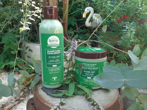 Deux produits de soin capillaire verts posés sur un pot en terre, entourés de plantes.